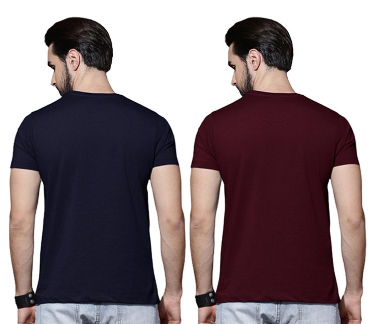 Cotton Solid Half Sleeves Men's Round Neck T-Shirt Pack Of 2 Maroon & Navy Blue