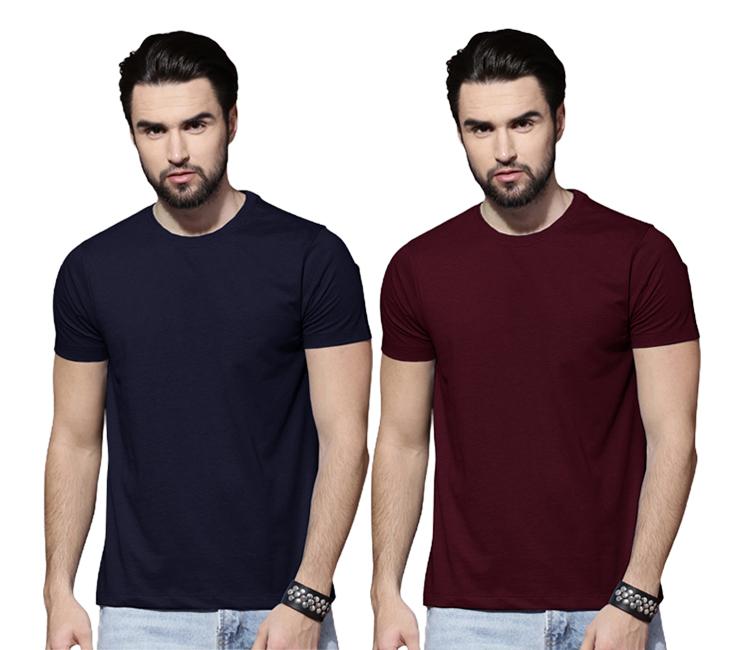 Cotton Solid Half Sleeves Men's Round Neck T-Shirt Pack Of 2 Maroon & Navy Blue